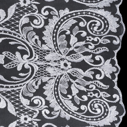 Embroidered Lace Tulle - Bright White Floral Damask with Swirls and Lattice