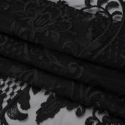Embroidered Lace Tulle - Black Floral Damask with Swirls and Lattice Folded