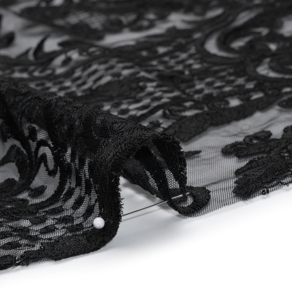 Embroidered Lace Tulle - Black Floral Damask with Swirls and Lattice Detail