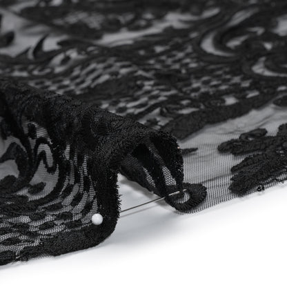 Embroidered Lace Tulle - Black Floral Damask with Swirls and Lattice Detail