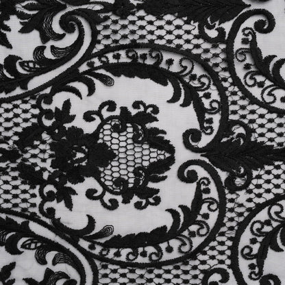 Embroidered Lace Tulle - Black Floral Damask with Swirls and Lattice