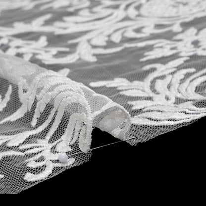 Embroidered Lace Tulle - Bright White Floral Damask with Pineapples Detail
