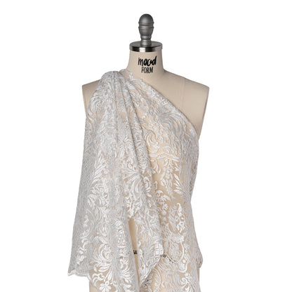 Embroidered Lace Tulle - Bright White Floral Damask with Pineapples Drape
