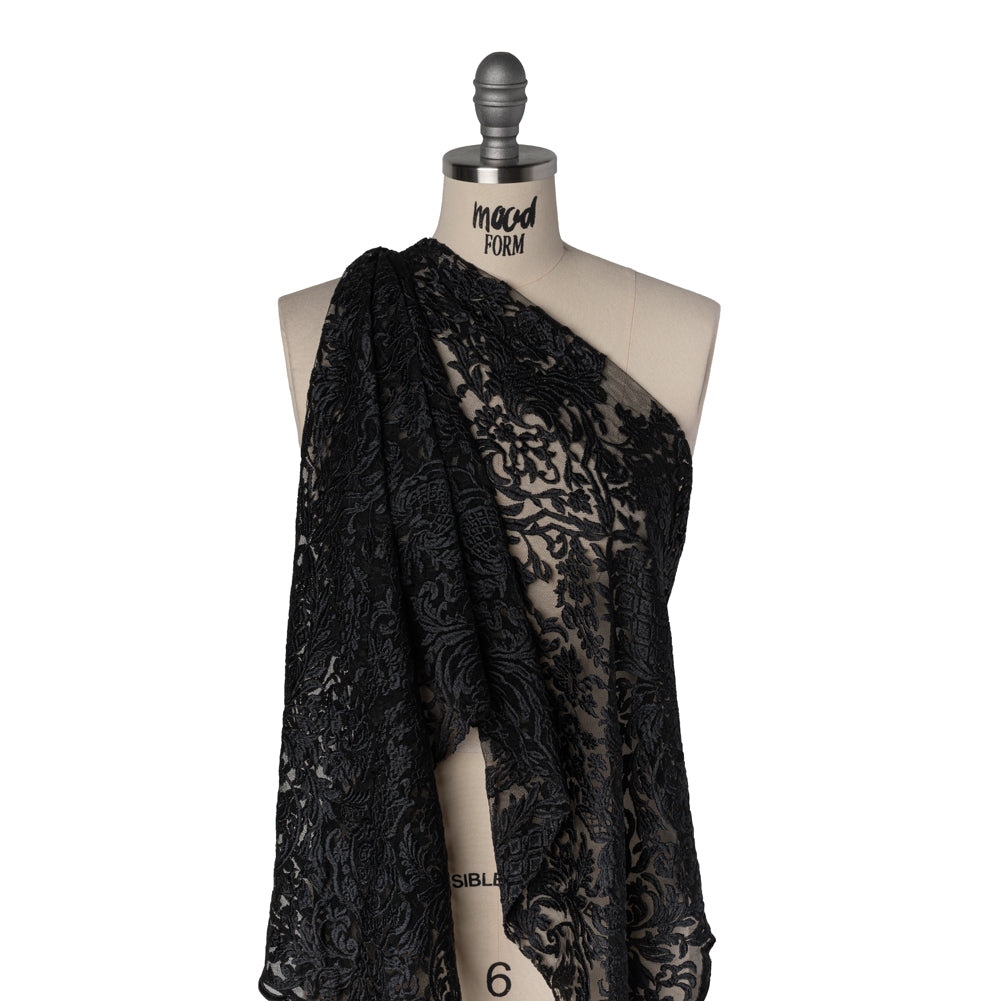 Embroidered Lace Tulle - Black Floral Damask with Pineapples Drape