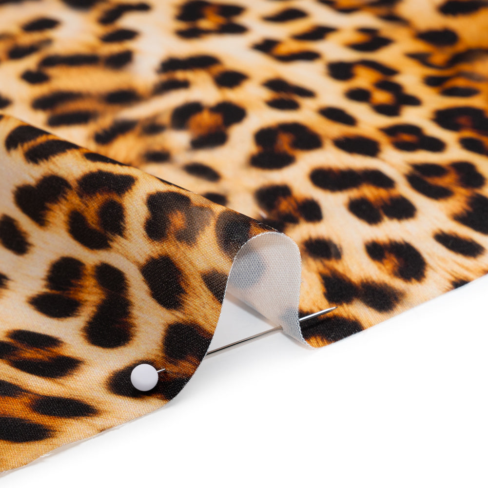 Stretch Recycled Polyester Charmeuse Print by Max Alexander - Beige, Brown and Black Leopard Spots Detail