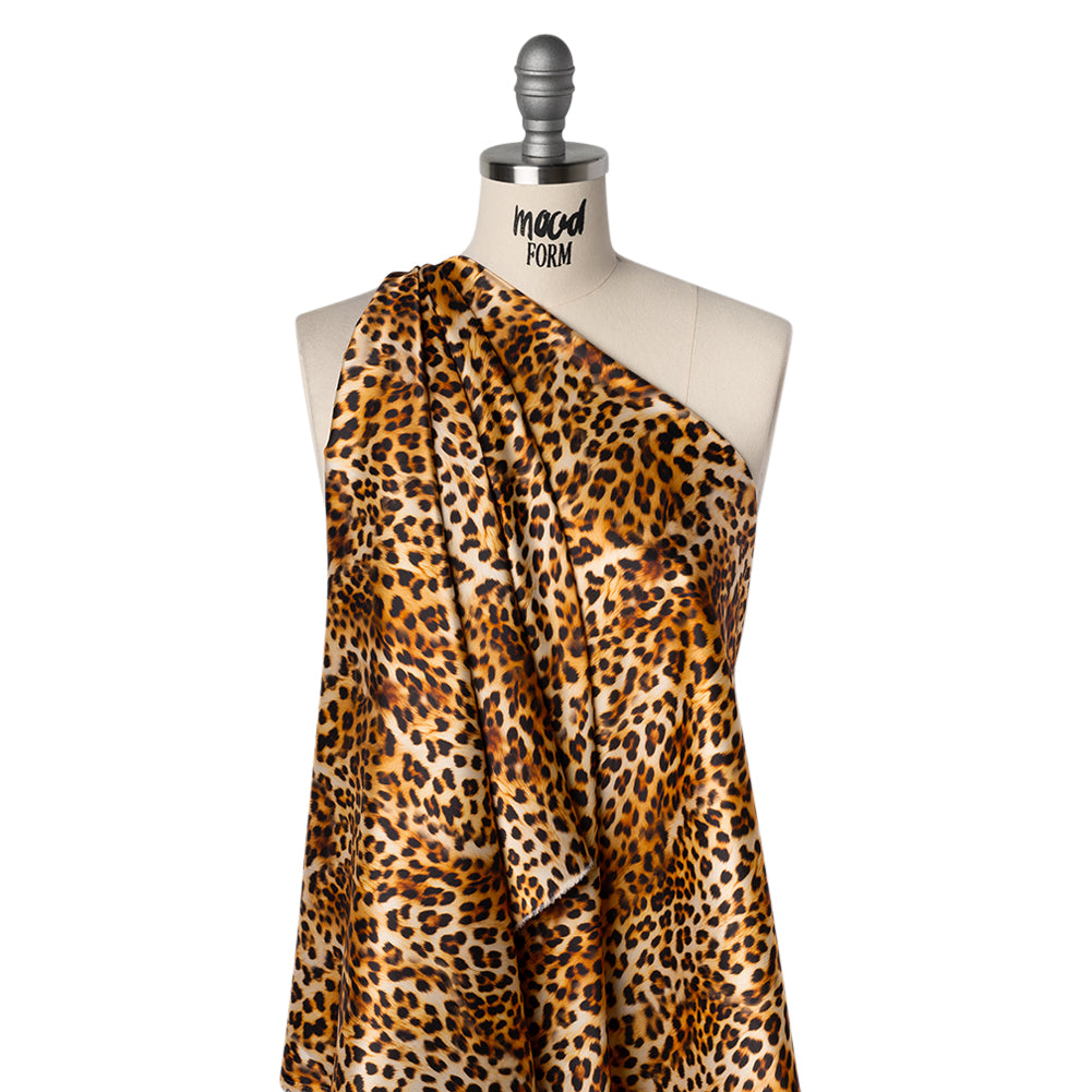 Stretch Recycled Polyester Charmeuse Print by Max Alexander - Beige, Brown and Black Leopard Spots Drape