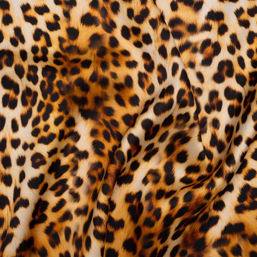 Stretch Recycled Polyester Charmeuse Print by Max Alexander - Beige, Brown and Black Leopard Spots