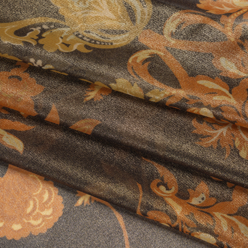 Metallic Foiled Polyester Chiffon Print - Soft Black, Autumn Orange and Golden Yellow Vintage Floral - Designer Deadstock - Folded