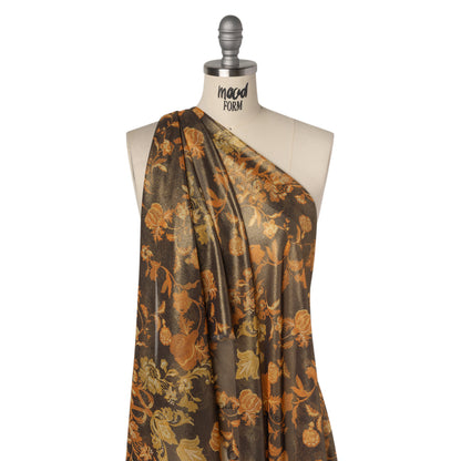 Metallic Foiled Polyester Chiffon Print - Soft Black, Autumn Orange and Golden Yellow Vintage Floral - Designer Deadstock