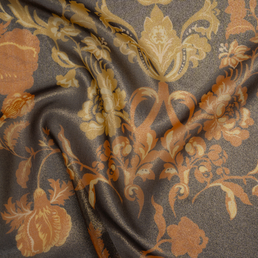 Metallic Foiled Polyester Chiffon Print - Soft Black, Autumn Orange and Golden Yellow Vintage Floral - Designer Deadstock