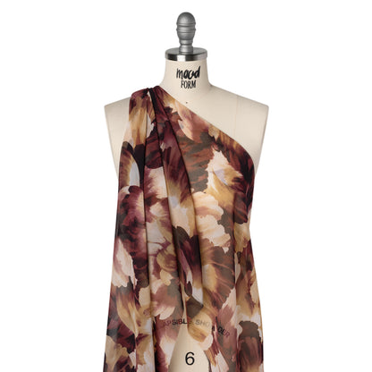Polyester Chiffon Print - Wine Red and Golden Tan Painterly Floral - Designer Deadstock