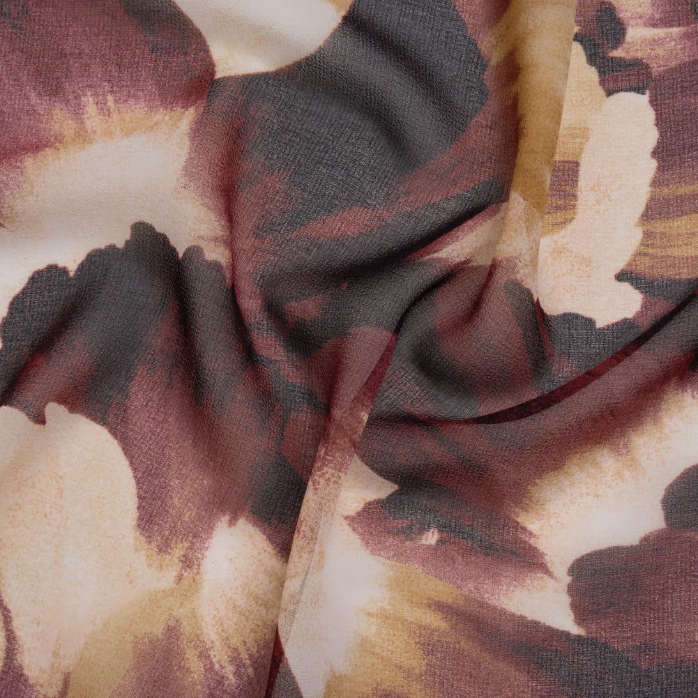 Polyester Chiffon Print - Wine Red and Golden Tan Painterly Floral - Designer Deadstock