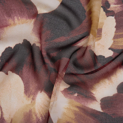 Polyester Chiffon Print - Wine Red and Golden Tan Painterly Floral - Designer Deadstock