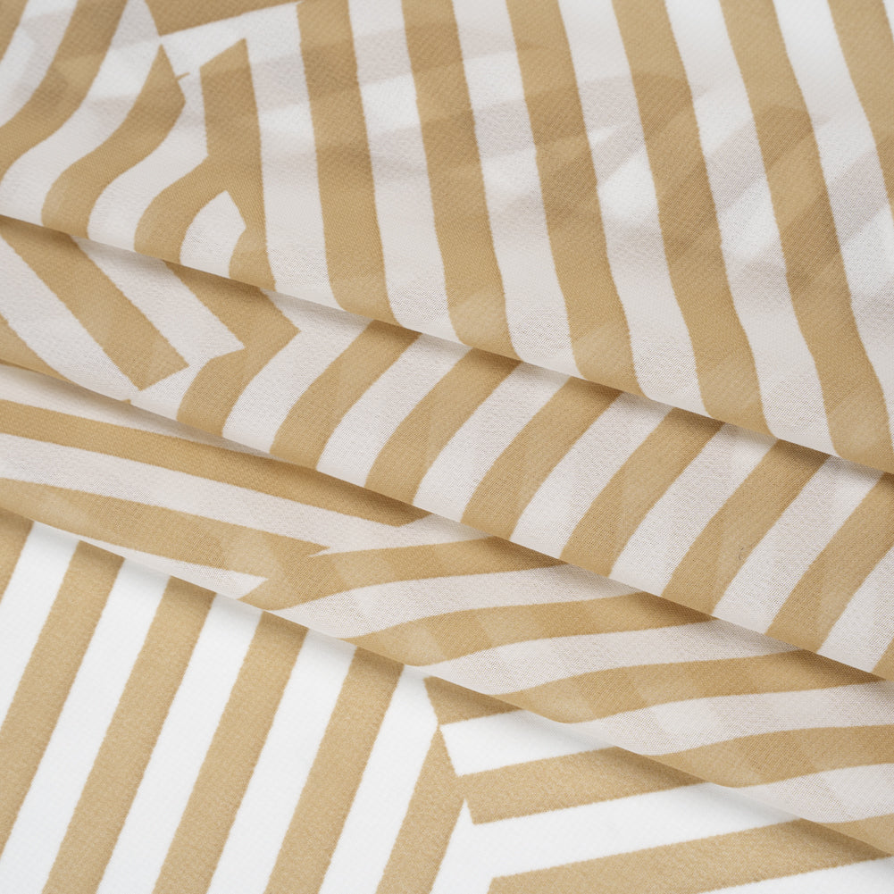 Polyester Chiffon Print - Tan Beige and White Angled Stripes - Designer Deadstock - Folded