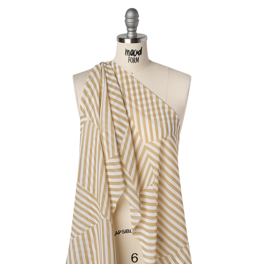Polyester Chiffon Print - Tan Beige and White Angled Stripes - Designer Deadstock - Drape