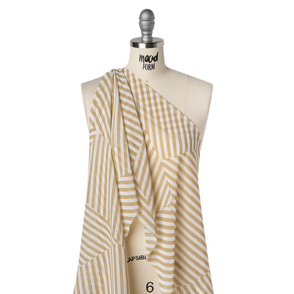 Polyester Chiffon Print - Tan Beige and White Angled Stripes - Designer Deadstock