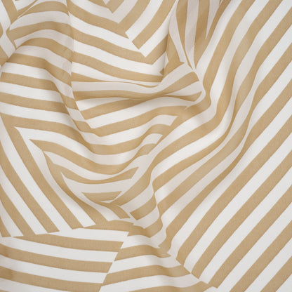 Polyester Chiffon Print - Tan Beige and White Angled Stripes - Designer Deadstock