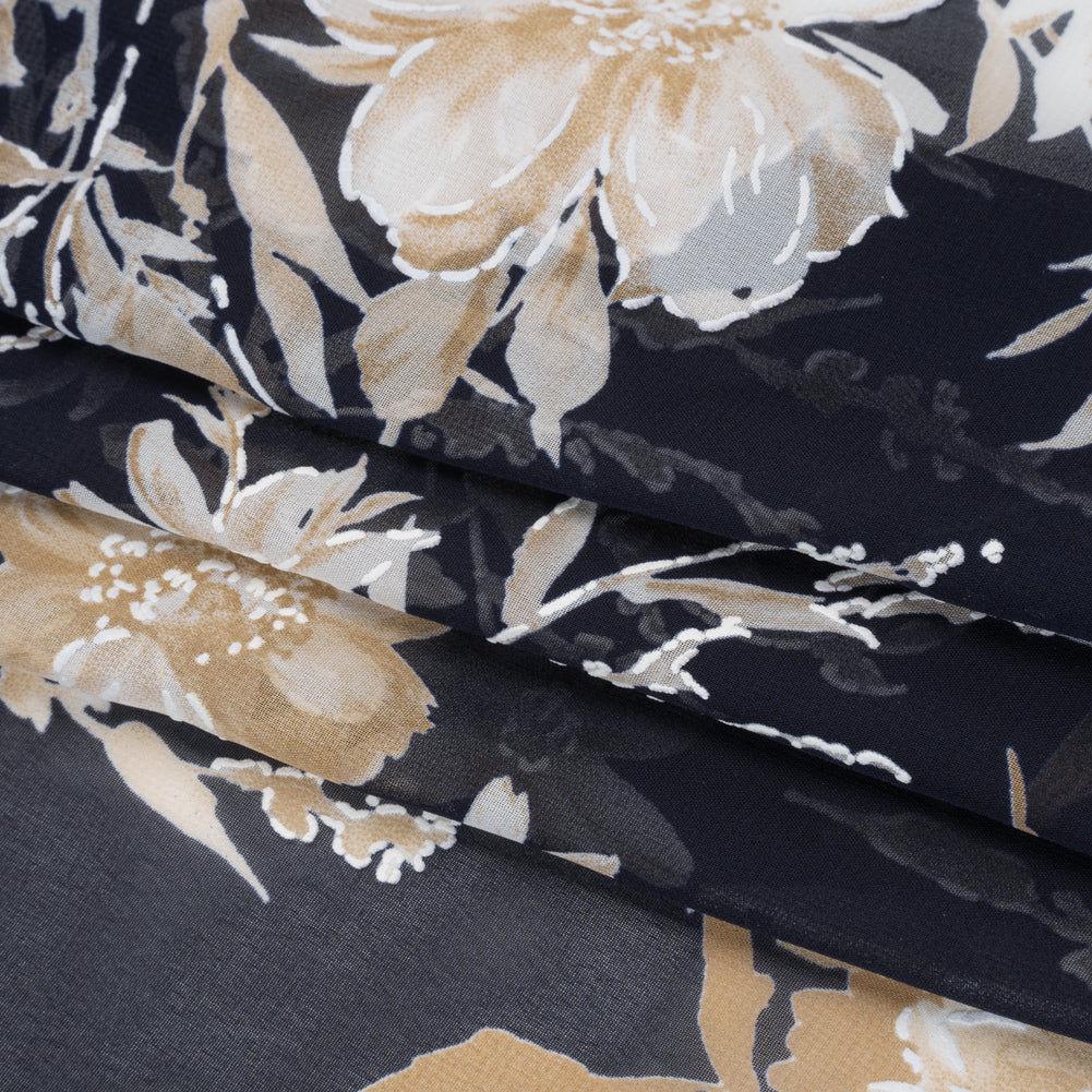 Polyester Chiffon with Puff Print - Navy Blue, Tan and Ivory Floral - Designer Deadstock - Folded