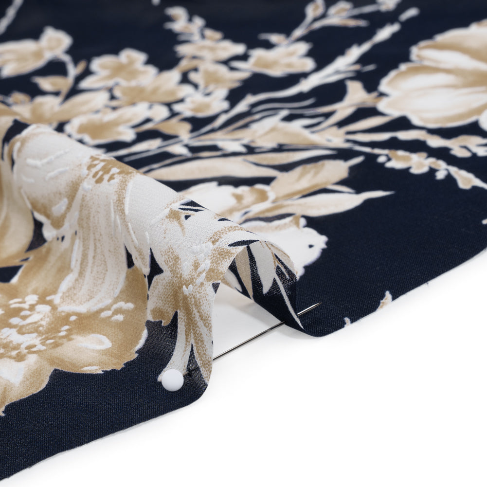 Polyester Chiffon with Puff Print - Navy Blue, Tan and Ivory Floral - Designer Deadstock - Detail