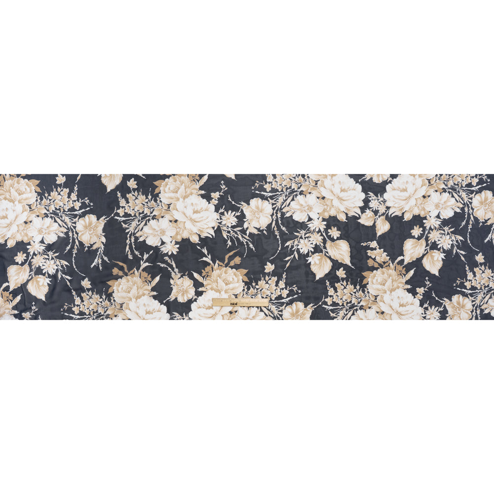 Polyester Chiffon with Puff Print - Navy Blue, Tan and Ivory Floral - Designer Deadstock - Full