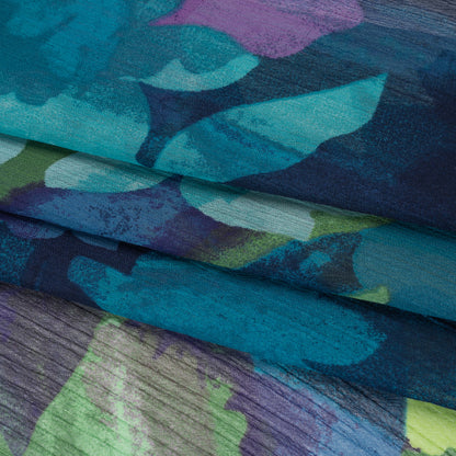 Crinkled Polyester Chiffon Print - Violet , Deep Navy Blue and Teal Green Abstract Watercolor Floral - Designer Deadstock
