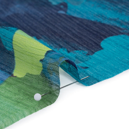 Crinkled Polyester Chiffon Print - Violet , Deep Navy Blue and Teal Green Abstract Watercolor Floral - Designer Deadstock