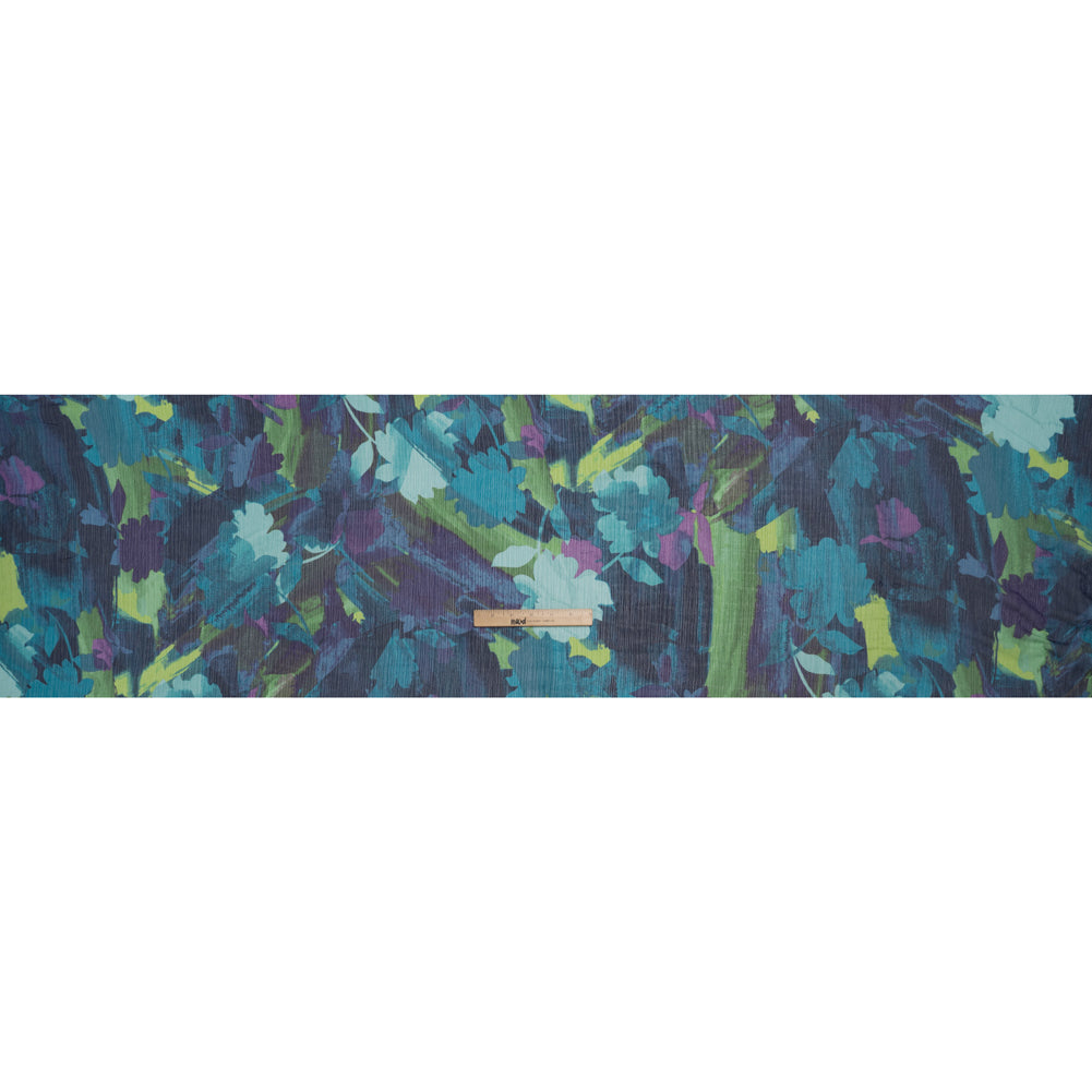 Crinkled Polyester Chiffon Print - Violet , Deep Navy Blue and Teal Green Abstract Watercolor Floral - Designer Deadstock - Full