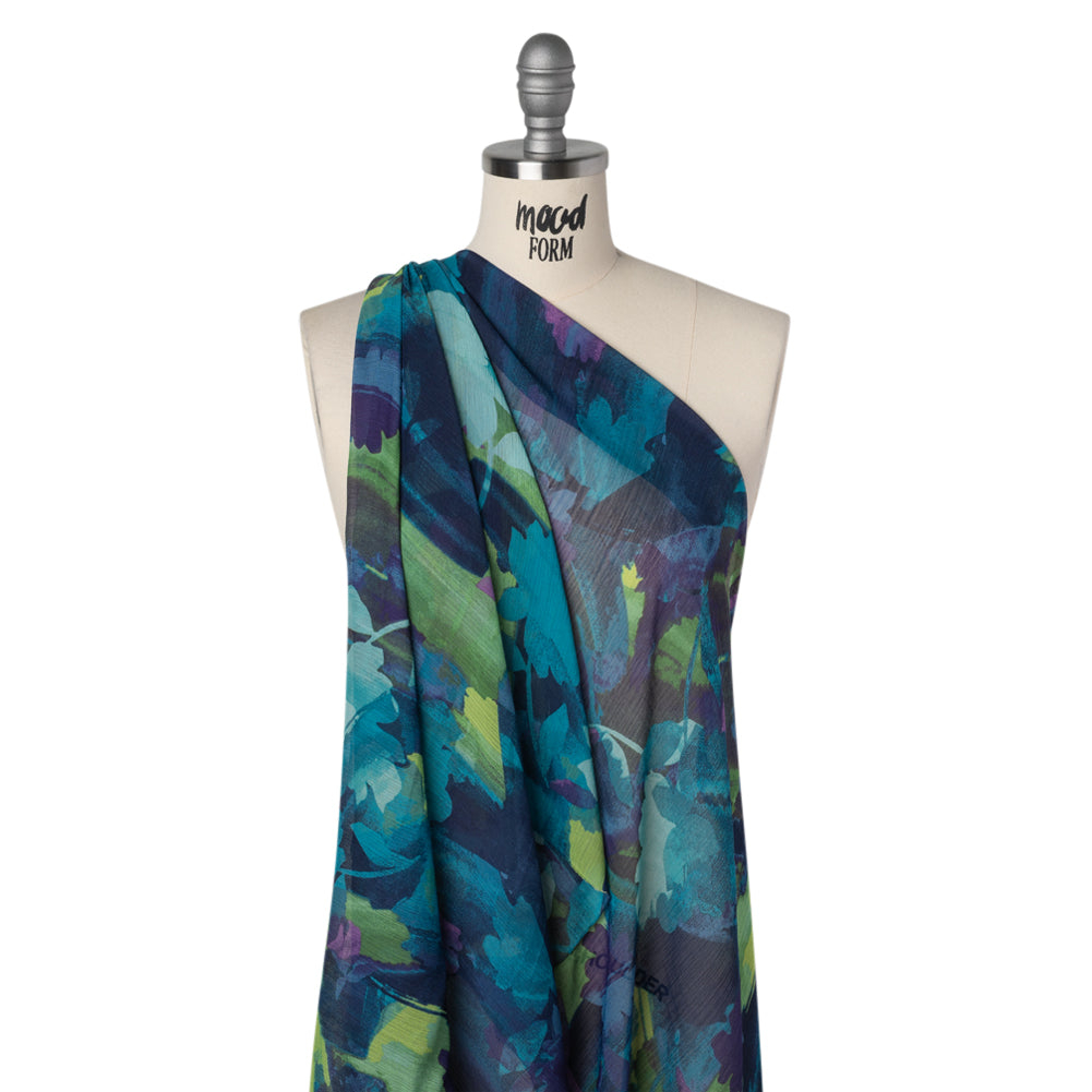 Crinkled Polyester Chiffon Print - Violet , Deep Navy Blue and Teal Green Abstract Watercolor Floral - Designer Deadstock - Drape