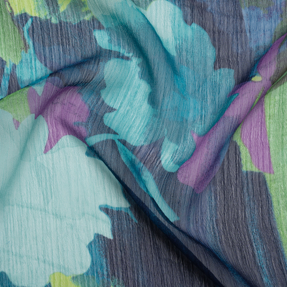 Crinkled Polyester Chiffon Print - Violet , Deep Navy Blue and Teal Green Abstract Watercolor Floral - Designer Deadstock