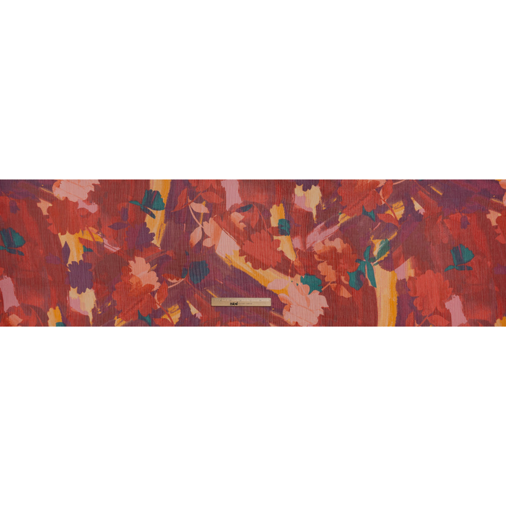 Crinkled Polyester Chiffon Print - Ruby Red, Peachy Pink and Wine Red Abstract Watercolor Floral - Designer Deadstock - Full