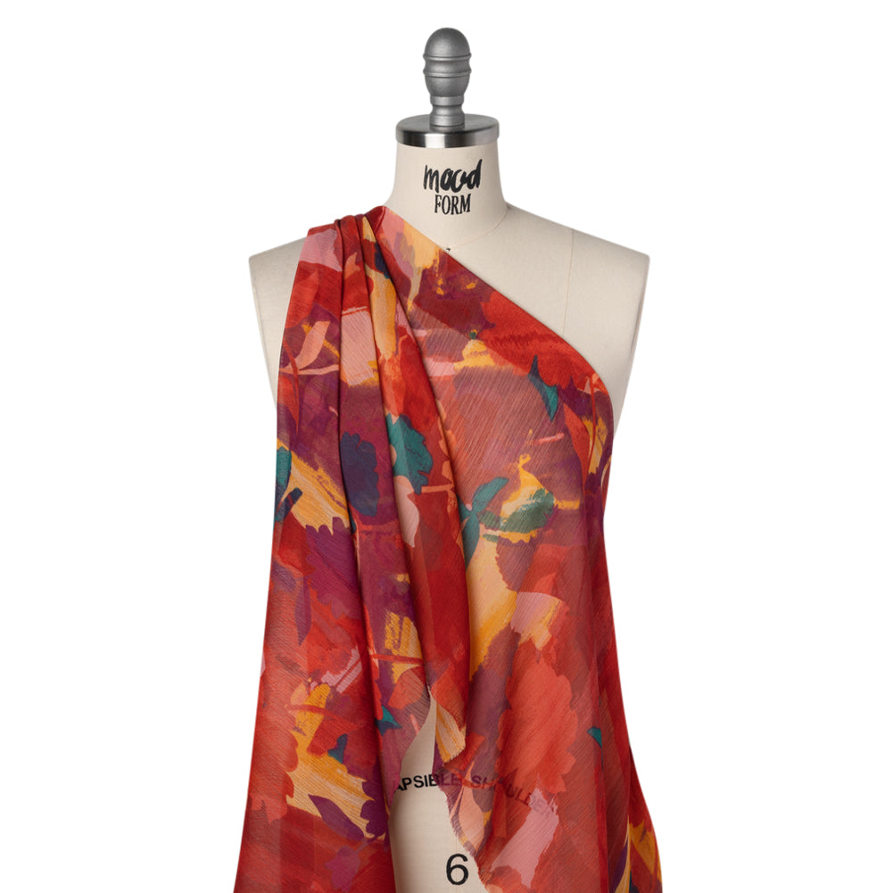Crinkled Polyester Chiffon Print - Ruby Red, Peachy Pink and Wine Red Abstract Watercolor Floral - Designer Deadstock - Drape