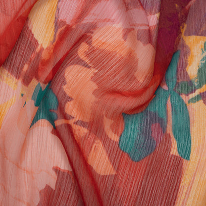 Crinkled Polyester Chiffon Print - Ruby Red, Peachy Pink and Wine Red Abstract Watercolor Floral - Designer Deadstock