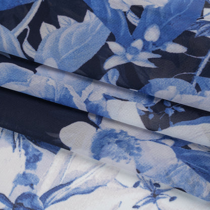 Polyester Chiffon Print - Navy Blue and White Floral - Designer Deadstock