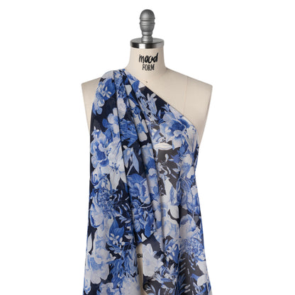 Polyester Chiffon Print - Navy Blue and White Floral - Designer Deadstock