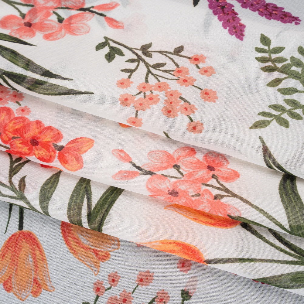 Polyester Chiffon Print - Peachy Orange, Blush Pink and Dark Forest Green Floral - Designer Deadstock - Folded