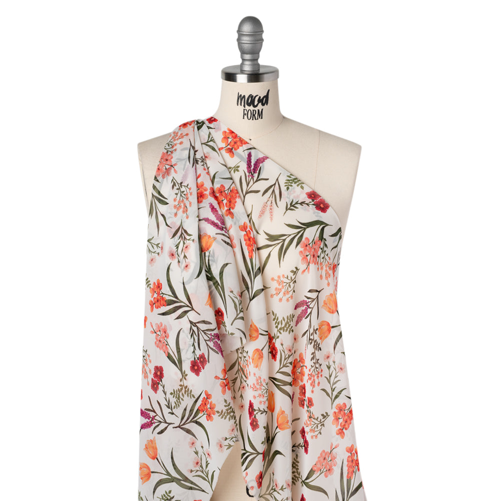 Polyester Chiffon Print - Peachy Orange, Blush Pink and Dark Forest Green Floral - Designer Deadstock - Drape