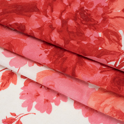 Rayon Linen Woven Print - Crimson Red, Bright Pink and Cream Floral Collage - Deadstock
