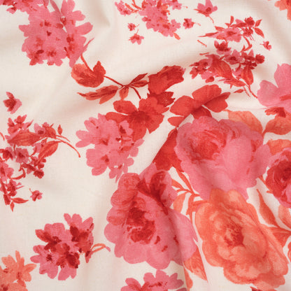 Rayon Linen Woven Print - Crimson Red, Bright Pink and Cream Floral Collage - Deadstock