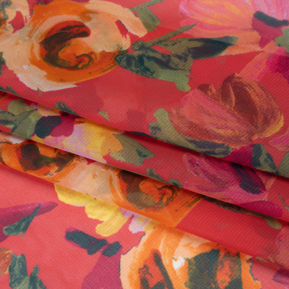 Polyester Chiffon Print - Ruby Pink, Bright Orange and Vivid Yellow Floral - Designer Deadstock - Folded