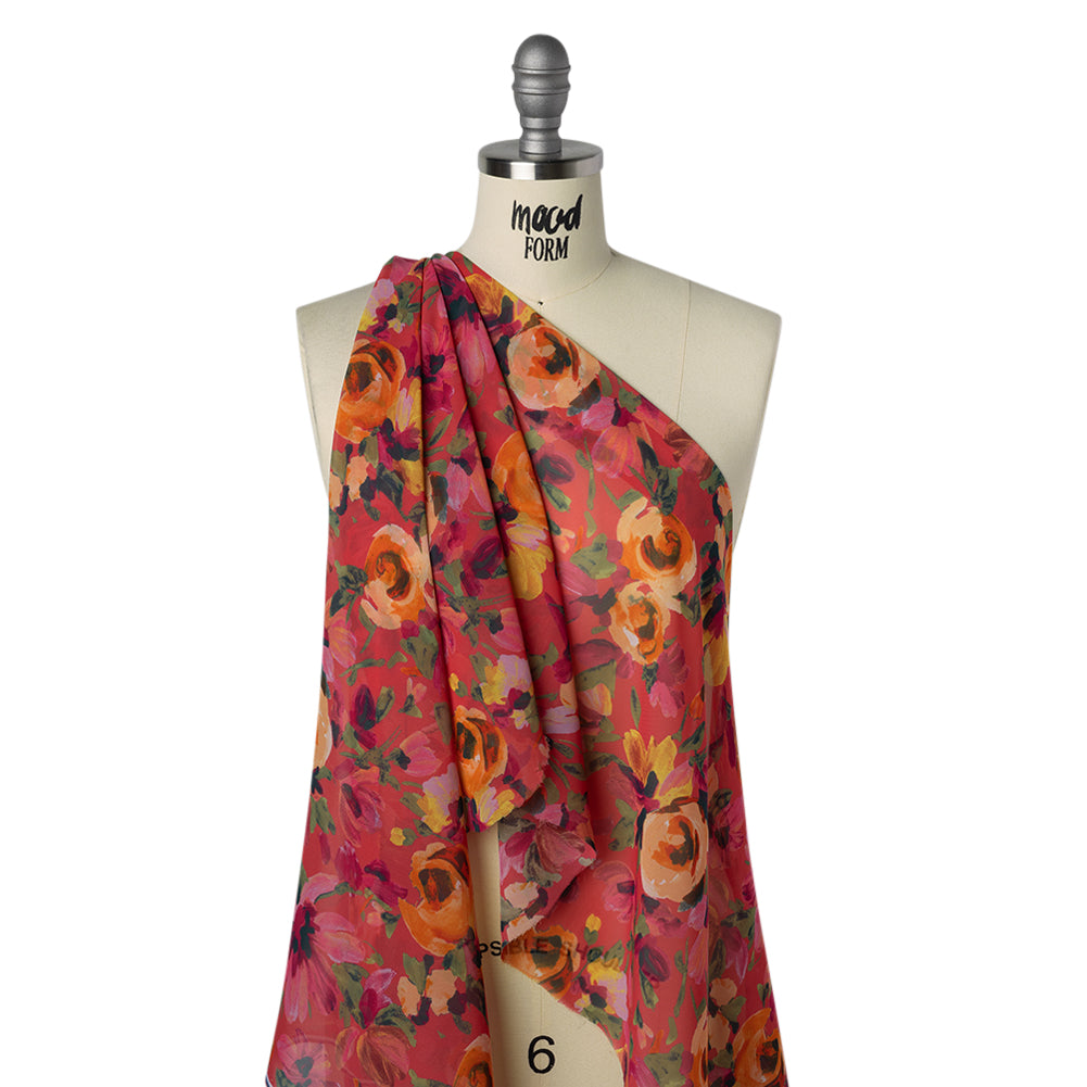 Polyester Chiffon Print - Ruby Pink, Bright Orange and Vivid Yellow Floral - Designer Deadstock - Drape