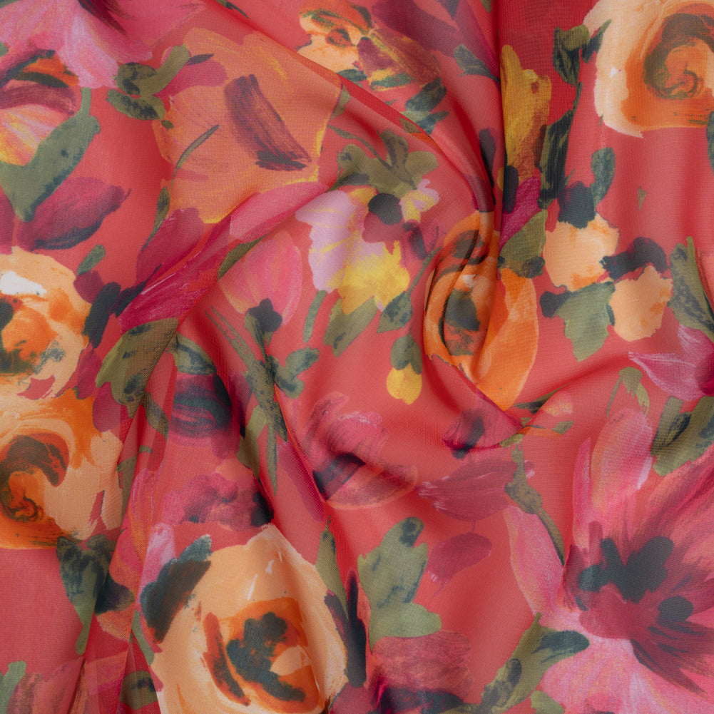 Polyester Chiffon Print - Ruby Pink, Bright Orange and Vivid Yellow Floral - Designer Deadstock