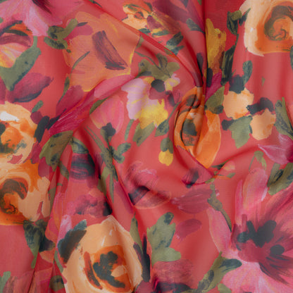 Polyester Chiffon Print - Ruby Pink, Bright Orange and Vivid Yellow Floral - Designer Deadstock