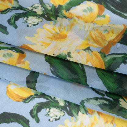 Polyester Chiffon Print - Marigold Yellow, Baby Blue and Forest Green Tulip Floral - Designer Deadstock
