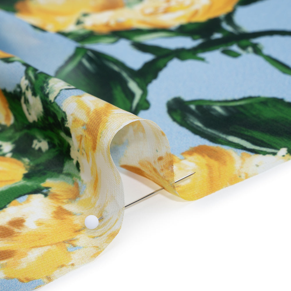 Polyester Chiffon Print - Marigold Yellow, Baby Blue and Forest Green Tulip Floral - Designer Deadstock - Detail