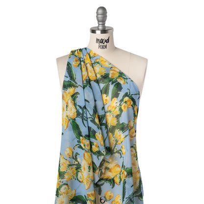 Polyester Chiffon Print - Marigold Yellow, Baby Blue and Forest Green Tulip Floral - Designer Deadstock