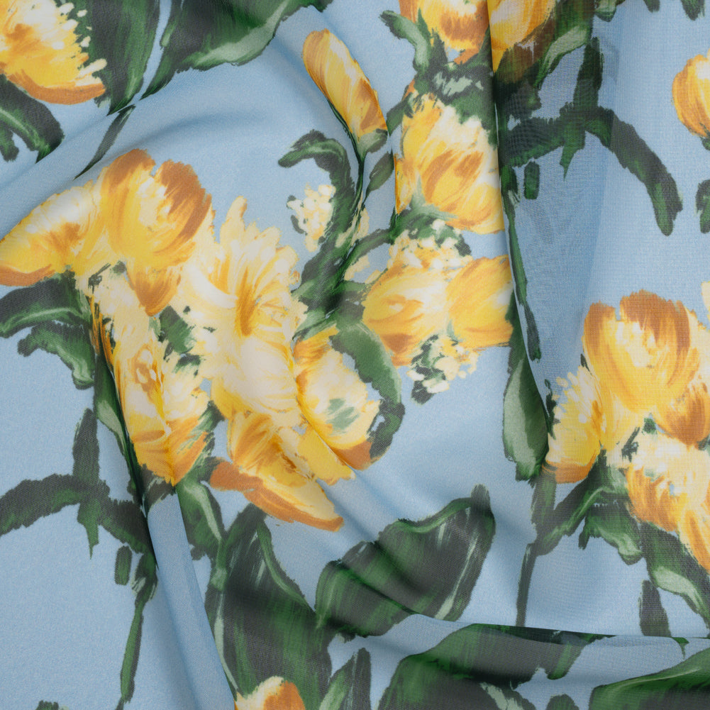 Polyester Chiffon Print - Marigold Yellow, Baby Blue and Forest Green Tulip Floral - Designer Deadstock