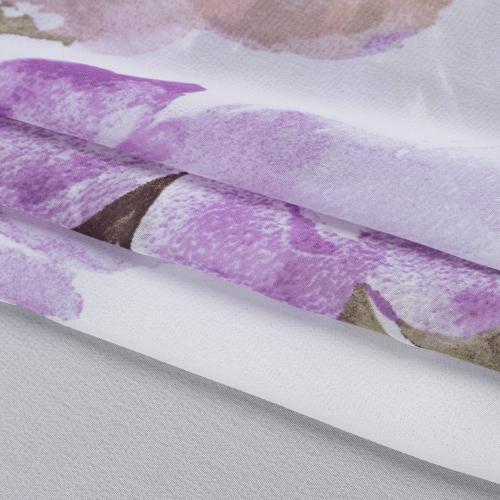 Polyester Chiffon Print - Beige, Lilac and Ivory Watercolor Floral - Designer Deadstock - Folded