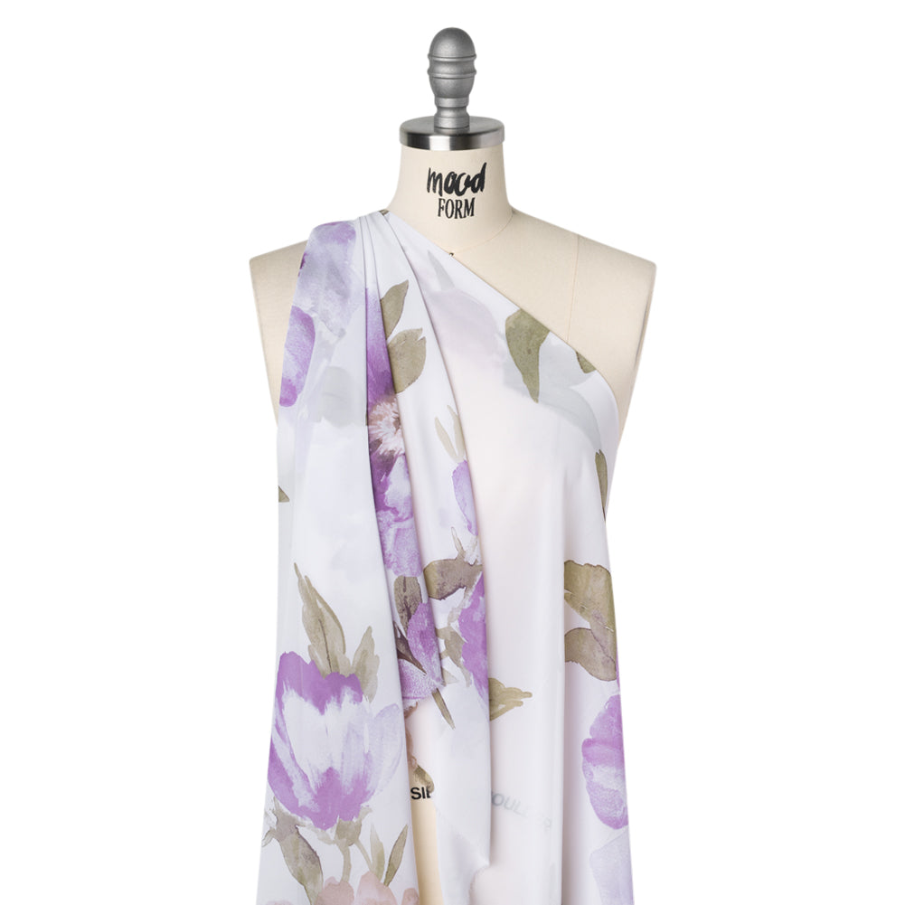 Polyester Chiffon Print - Beige, Lilac and Ivory Watercolor Floral - Designer Deadstock - Drape