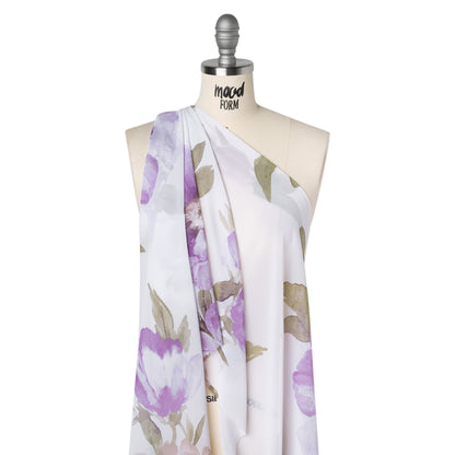 Polyester Chiffon Print - Beige, Lilac and Ivory Watercolor Floral - Designer Deadstock