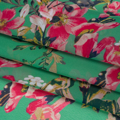 Polyester Chiffon Print - Kelly Green and Bright Pink Floral - Designer Deadstock